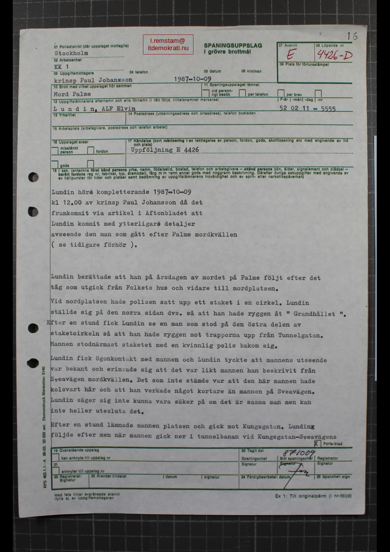 AlF Lundin ögonvittne till Palmemordet.