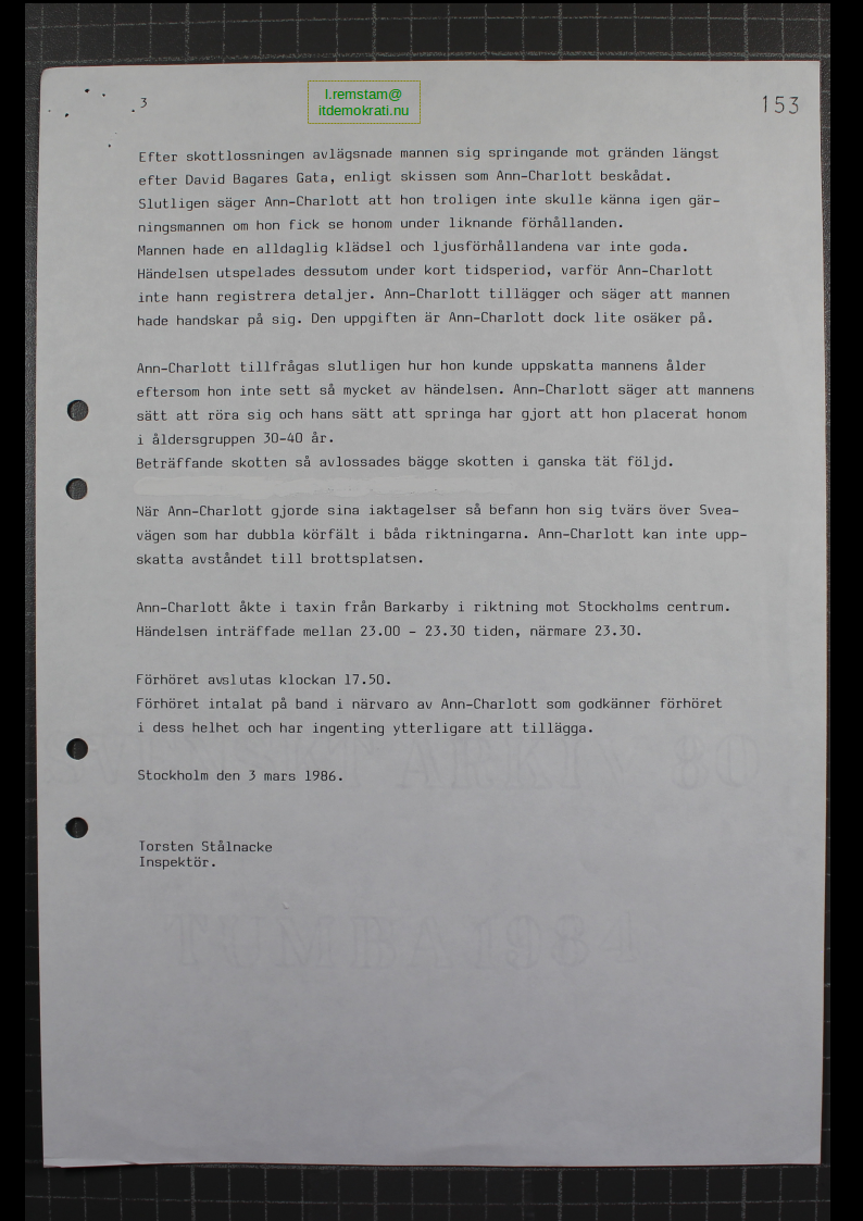 Förhör Ann-Charlott Holmgren ögonvittne till Palmemordet.