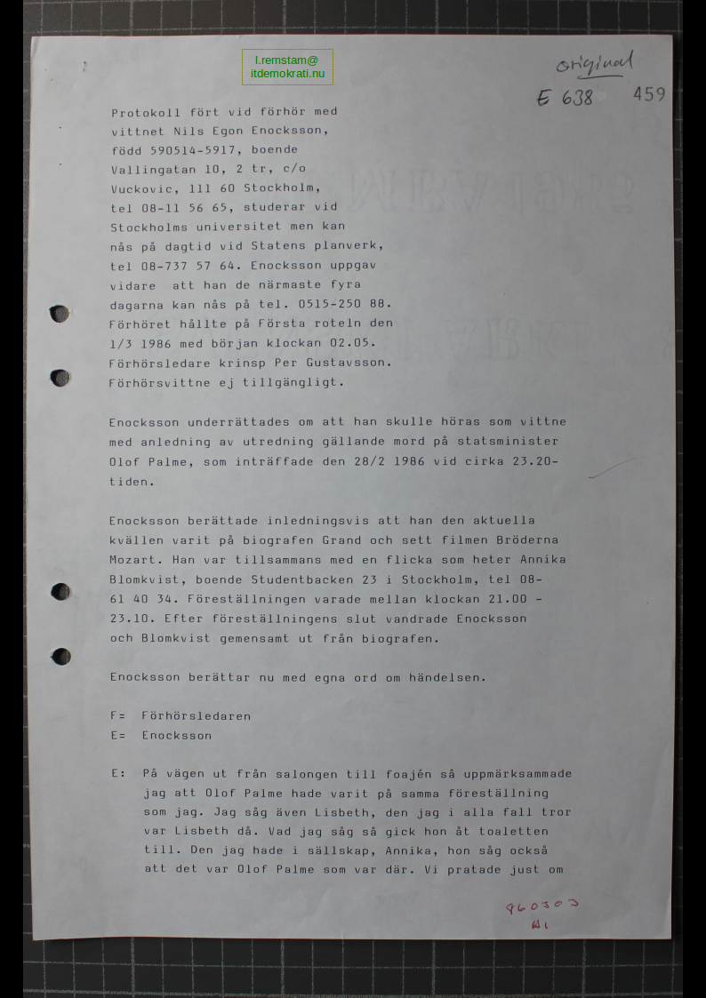Förhör Egon Enocksson ögonvittne till Palmemordet.