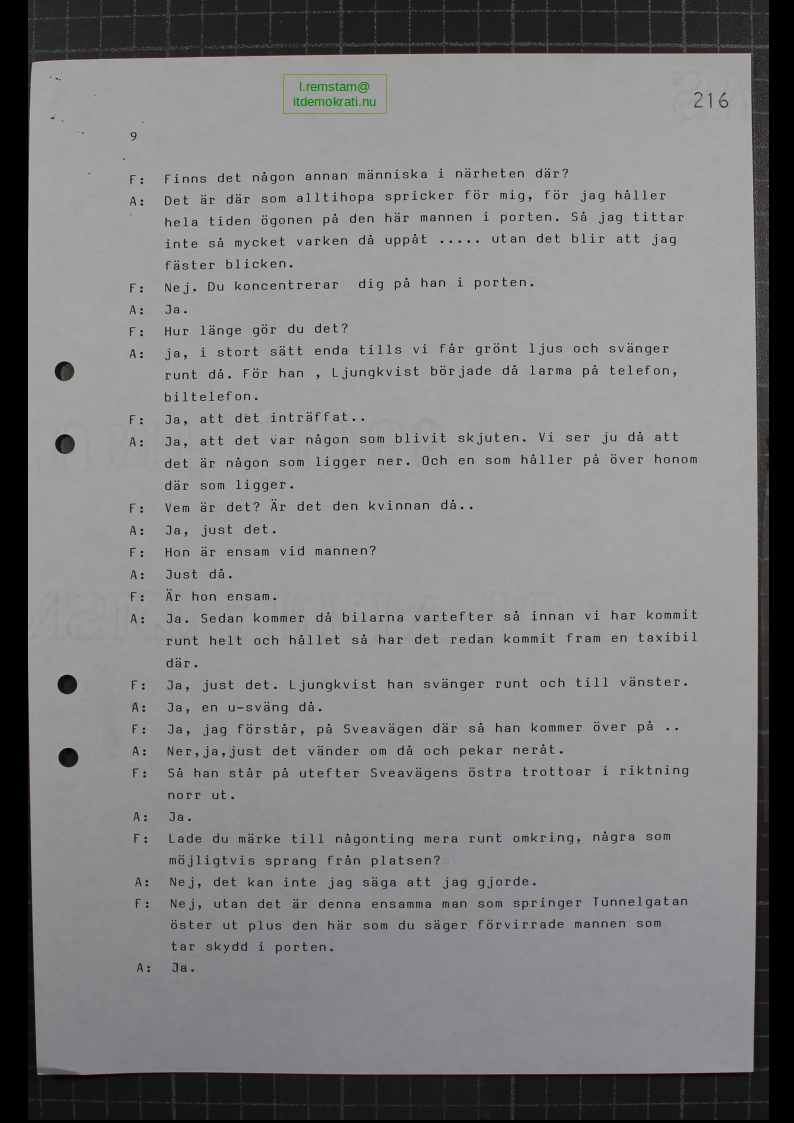 Förhör Jan Andersson ögonvittne till Palmemordet.