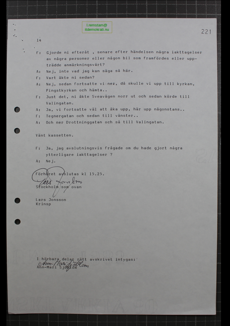 Förhör Jan Andersson ögonvittne till Palmemordet.