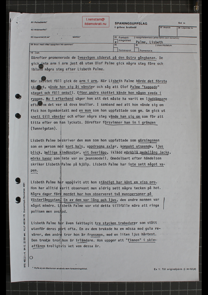 Förhör Lisbeth Palme ögonvittne till Palmemordet.