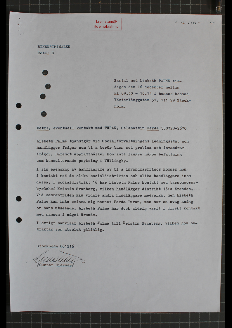 Förhör Lisbeth Palme ögonvittne till Palmemordet.