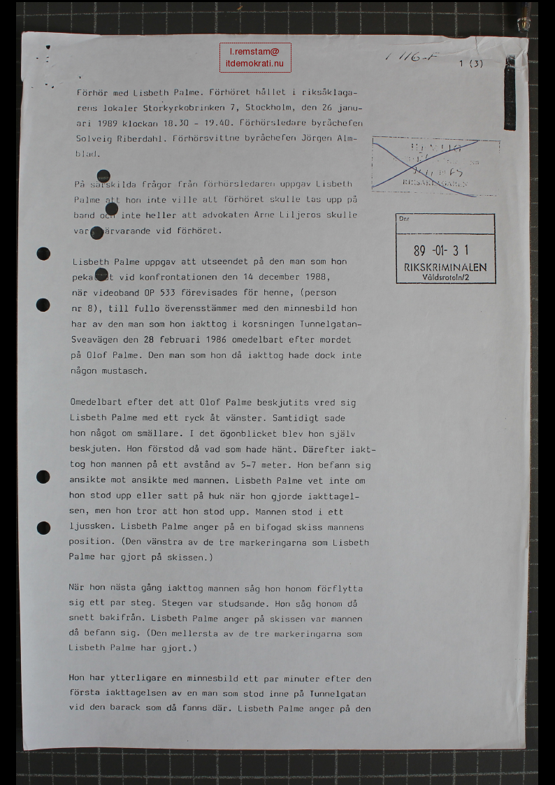 Förhör Lisbeth Palme ögonvittne till Palmemordet.